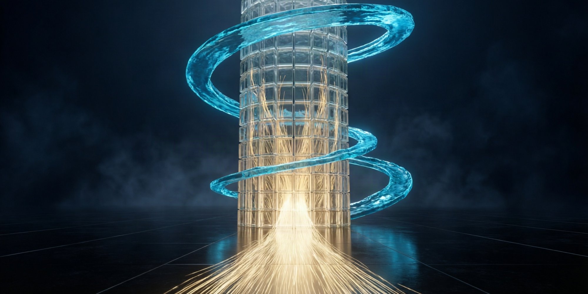 A tall column of translucent glass blocks on a dark reflective floor, with a stream of gold light rising into its base and a ribbon of blue liquid light spiraling around it.