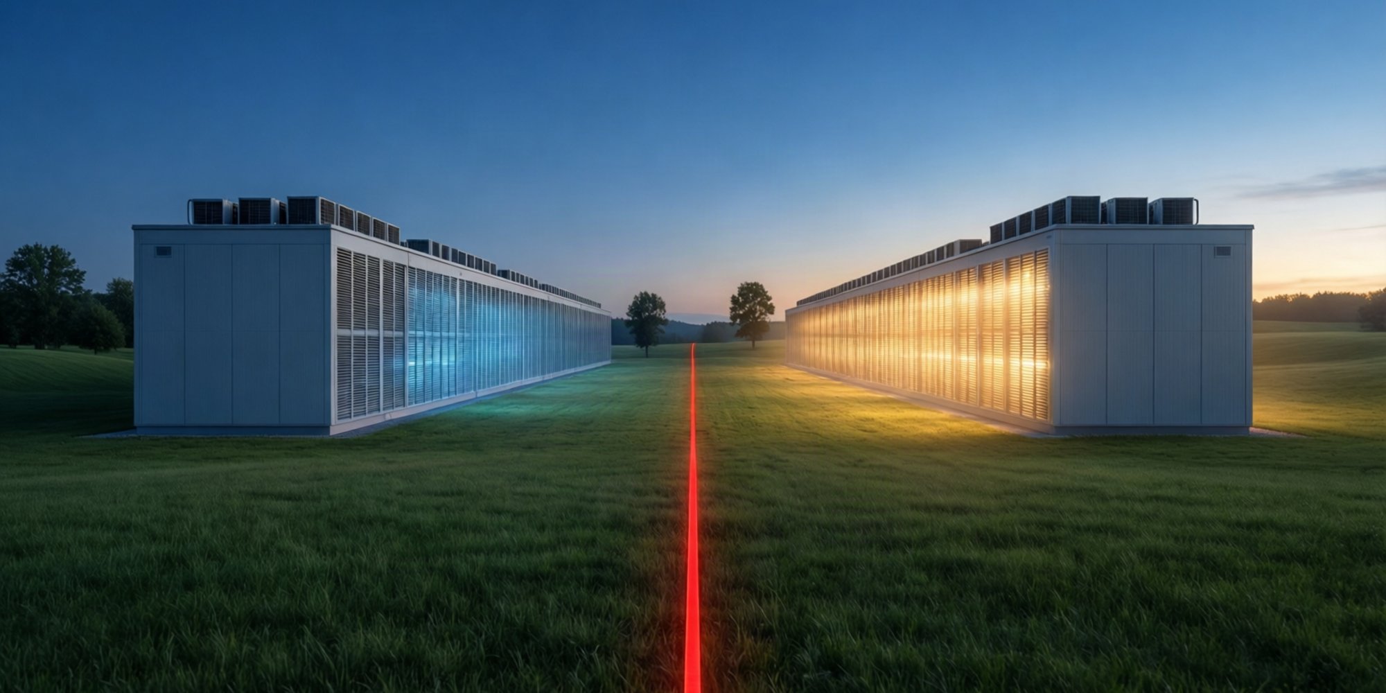A pair of identical data centers stand on a green meadow at dusk with a thin red line drawn on the grass between them; the one on the left glows calm blue and the one past the line blazes gold.
